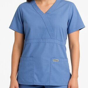 Grey’s Anatomy Mock Wrap Scrub Top – Soft Blue, Size M